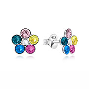 Sterling Silver Stud Earrings - Colorful Flower Crystal Design