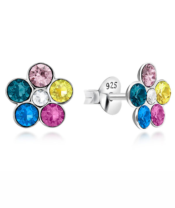 Sterling Silver Stud Earrings - Colorful Flower Crystal Design