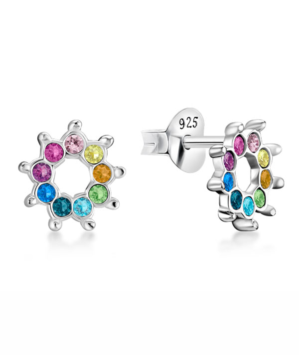 Multi color Halo Sun Sterling Silver Stud Earrings