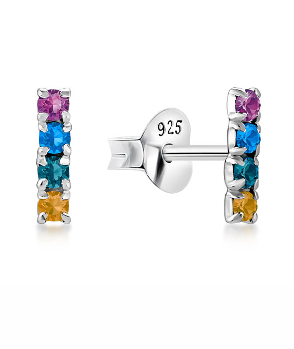 Sterling Silver Stud Earrings - Multi-Color Crystal Bar