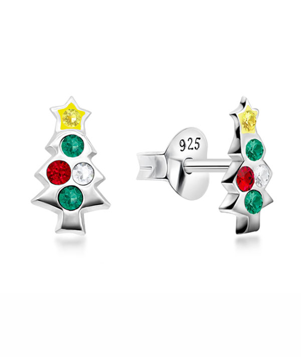Sterling Silver Christmas Tree Stud Earrings - Festive Sparkle