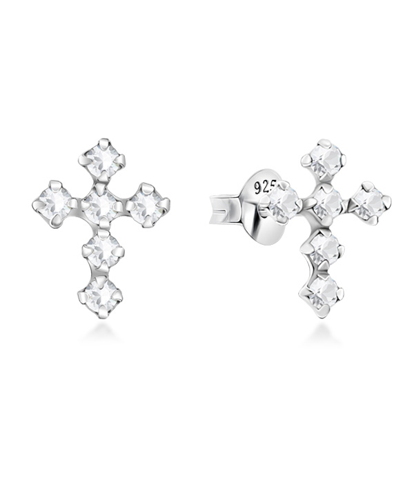 Crystal Accent Cross Stud Earrings in Sterling Silver