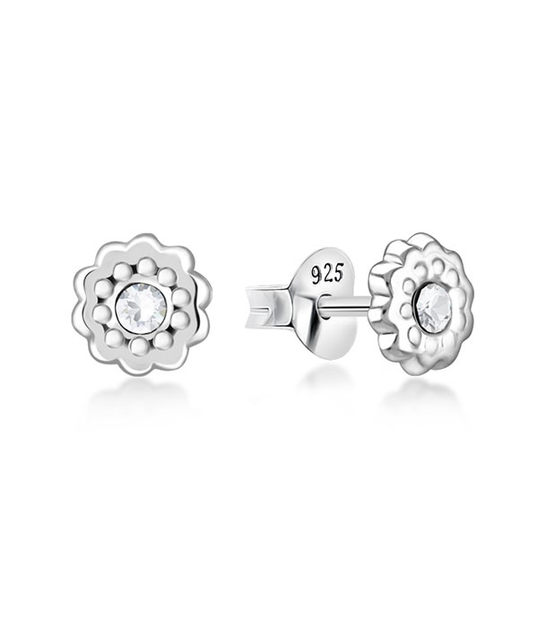 Flower Sterling Silver Stud Earrings with Sparkling Detail