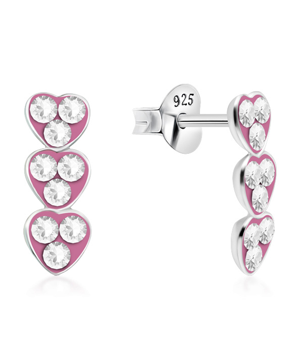 Sterling Silver Triple Heart Stud Earrings with Crystals
